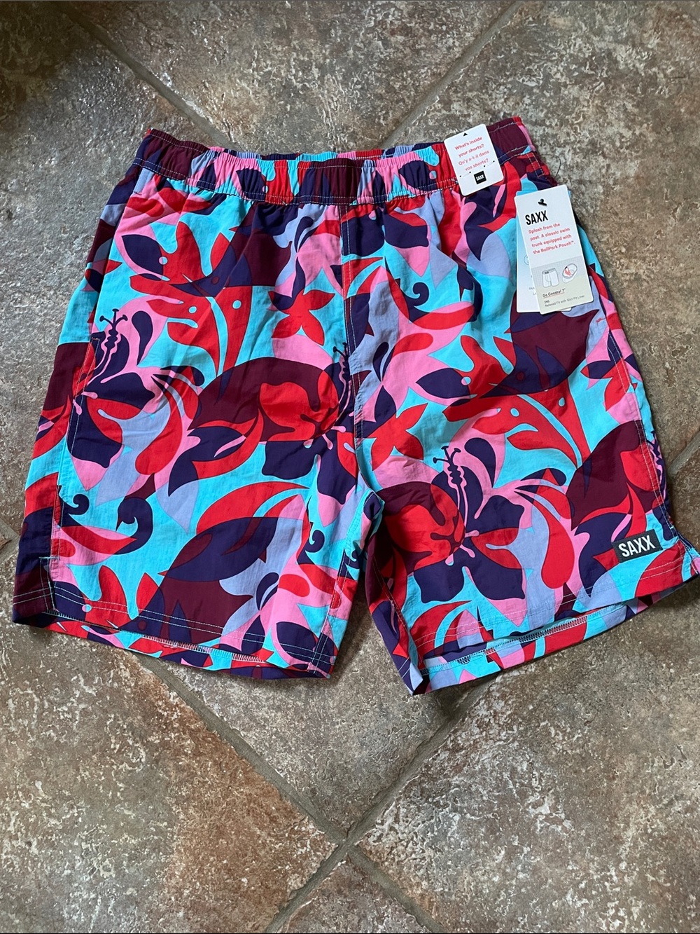 Saxx Men's Tropical Floral Athletic Shorts - Aqua, Red & Purple